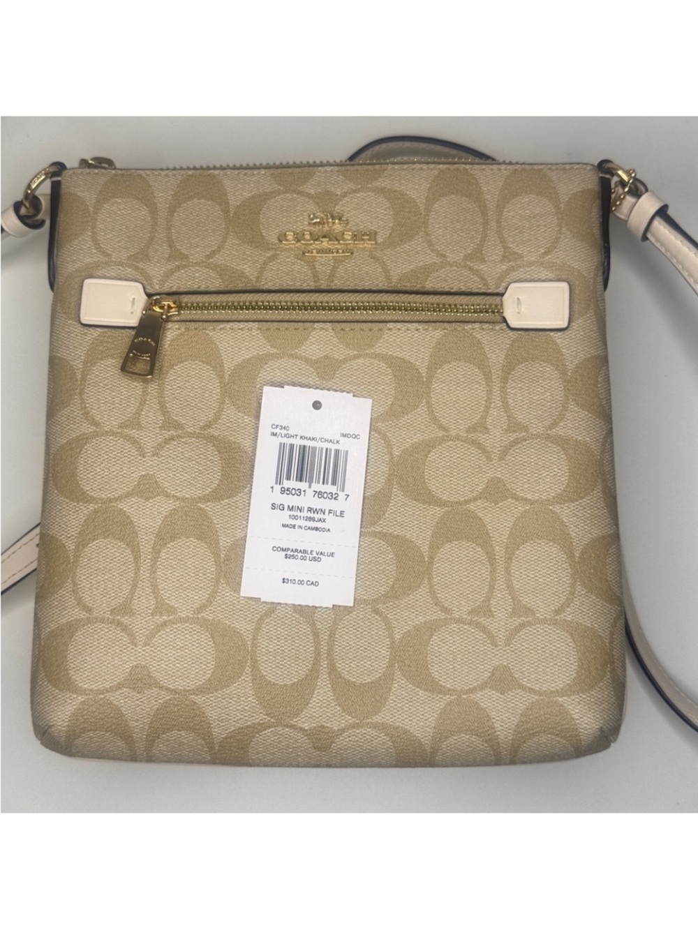 New Coach CE871 Crossgrain Leather File Crossbody Bag Khaki Chalk Gold Zip - Picture 7 of 8